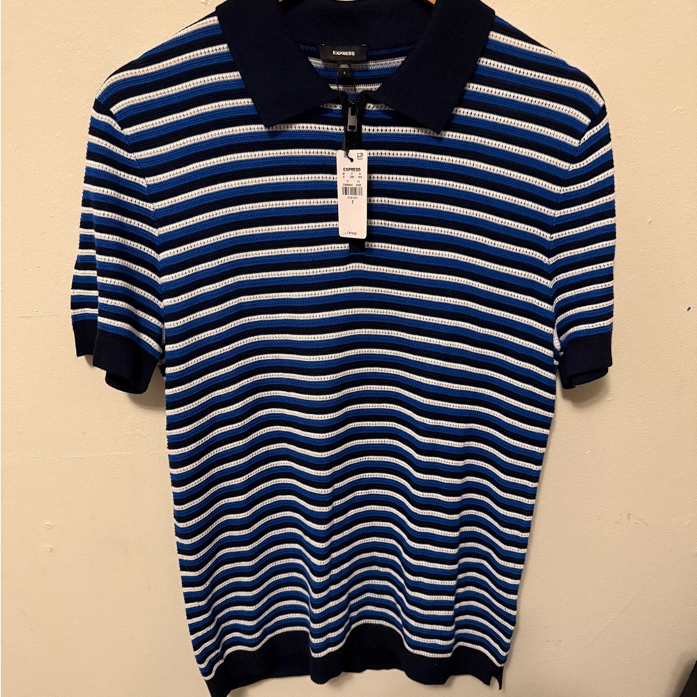 Blue and White Striped Quarter Zip Polo Shirt